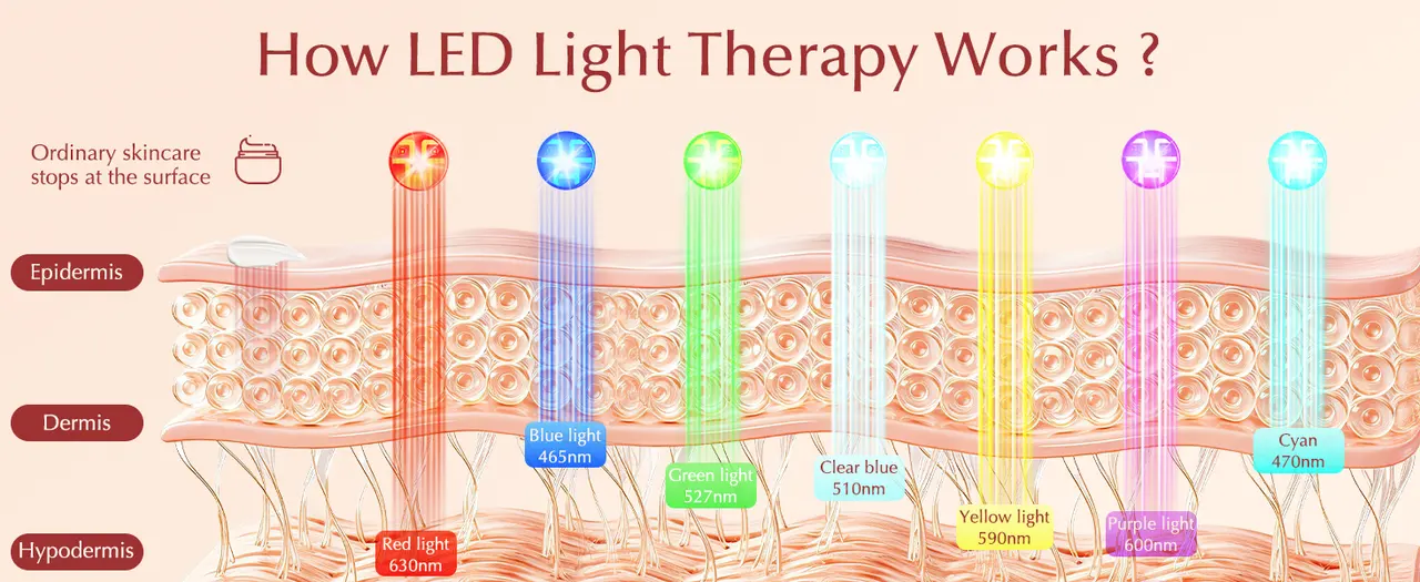 How LED light therapy works - seven wavelengths diagram