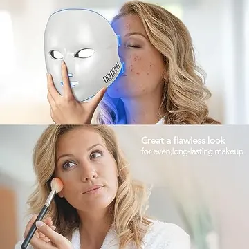Real NEWKEY blue light mask in hand with blue glow - creates a flawless look for even, long-lasting makeup