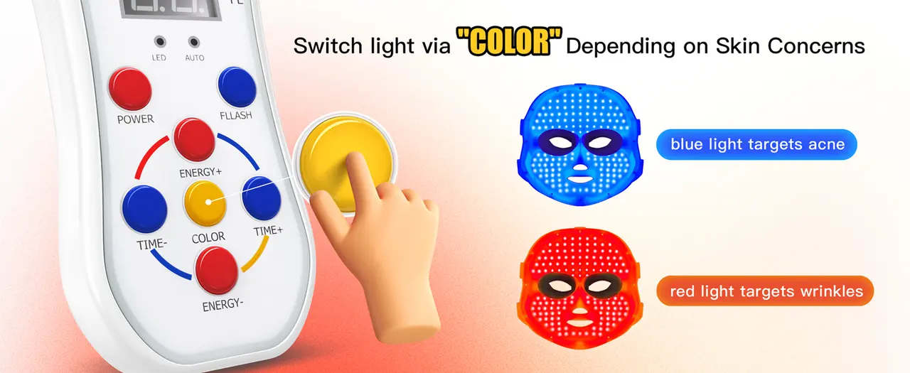 Switch light color depending on skin concern - blue light targets acne, red light targets wrinkles